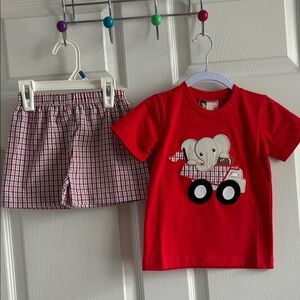 Red Elephant Graphic T-Shirt and Plaid Shorts Set cute and soft